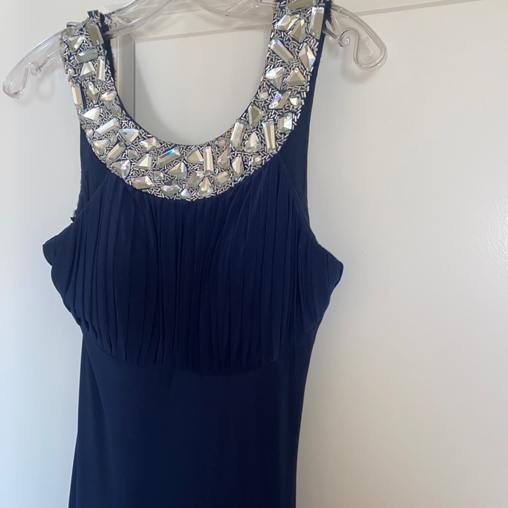 Backless navy blue Sherri Hill formal gown